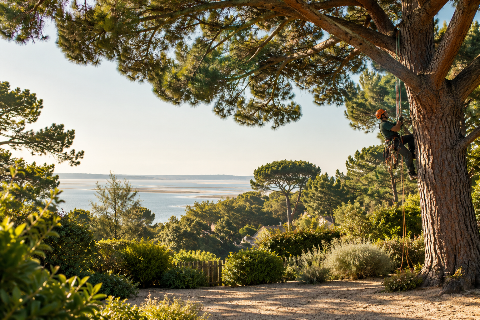 Illustration d’un arboriste dans un pin maritime, face au Bassin